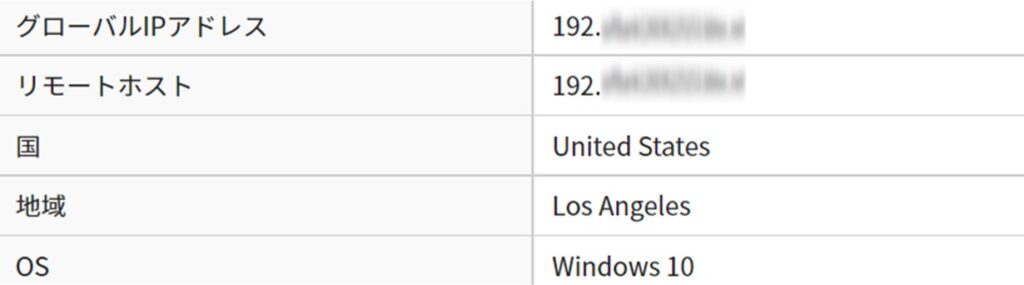 アメリカから接続したときのIPアドレス
